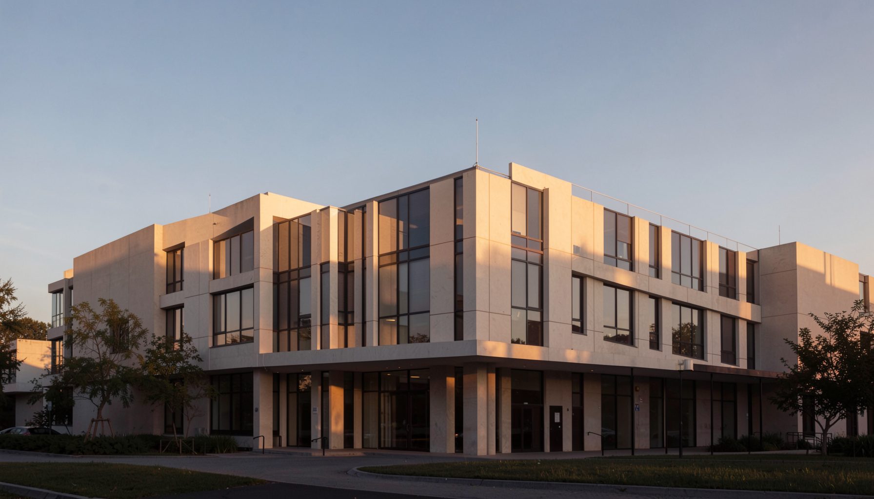 Façade contemporaine d'un bâtiment académique aux lignes épurées, baignée de lumière dorée de fin d'après-midi, ciel bleu
