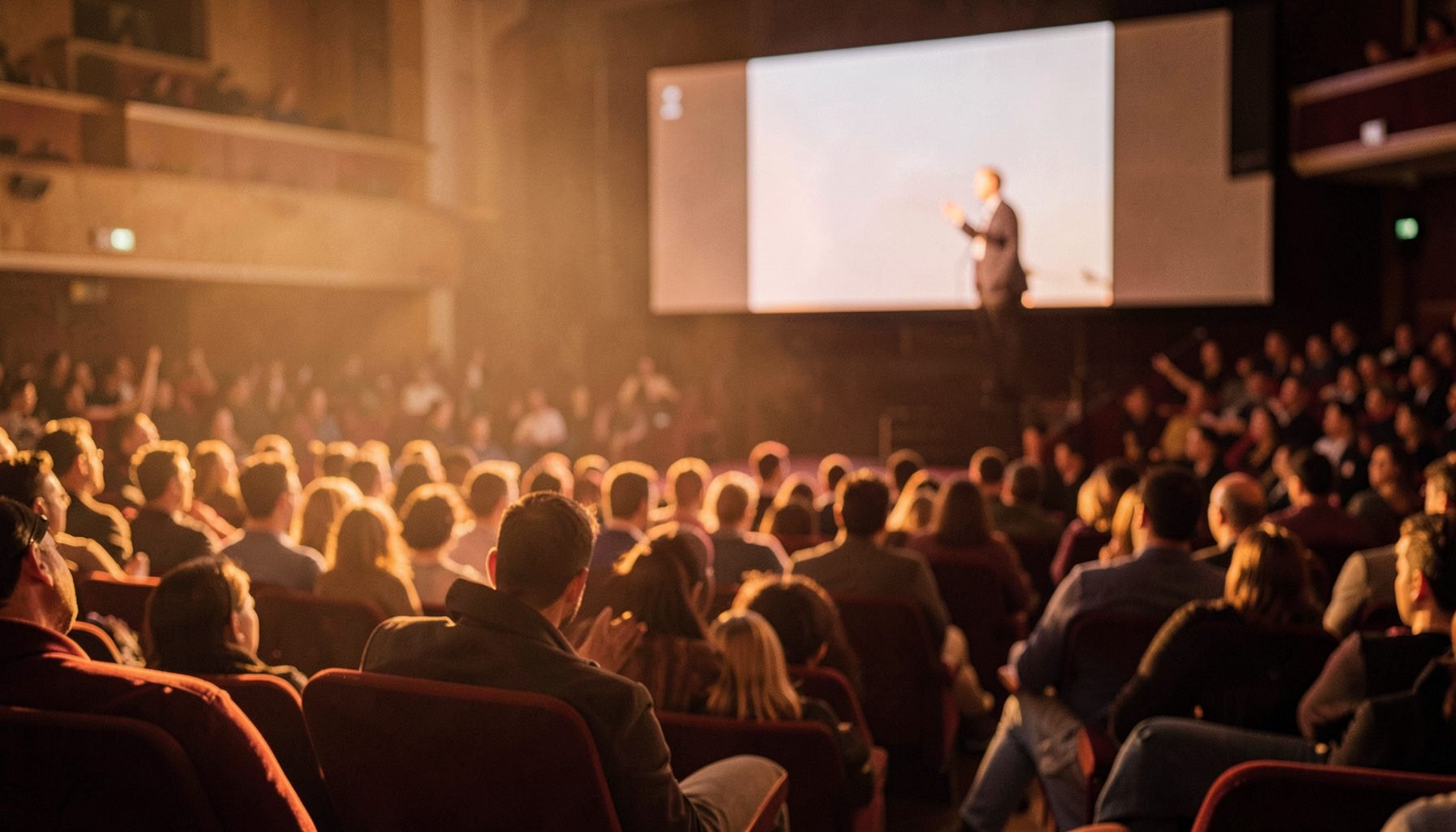 Conférencier s'adressant à un auditoire dans un amphithéâtre, écran de projection en arrière-plan, tons chauds et professionnels