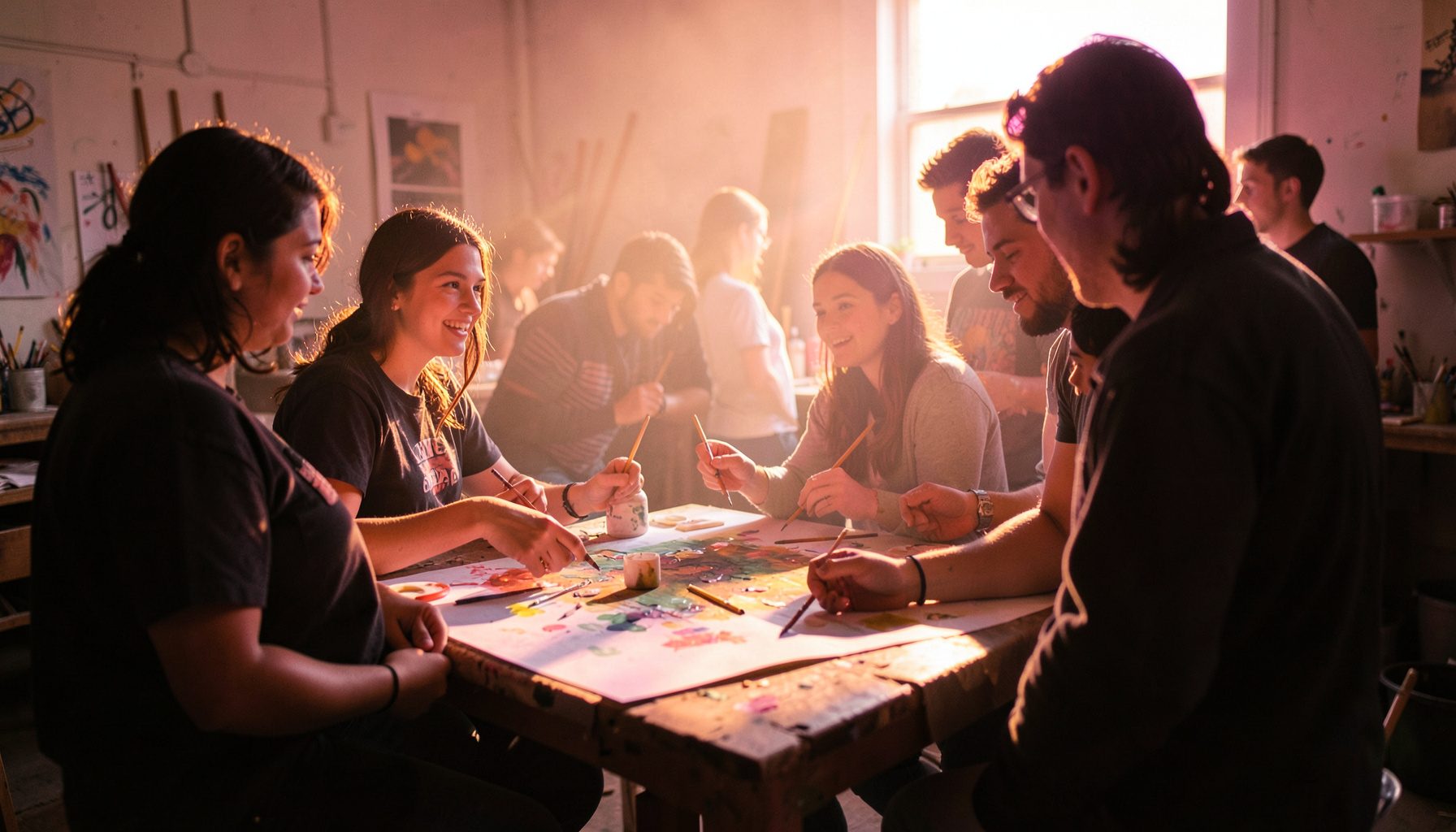 Groupe d'étudiants en atelier autour d'un tableau, ambiance studieuse et dynamique