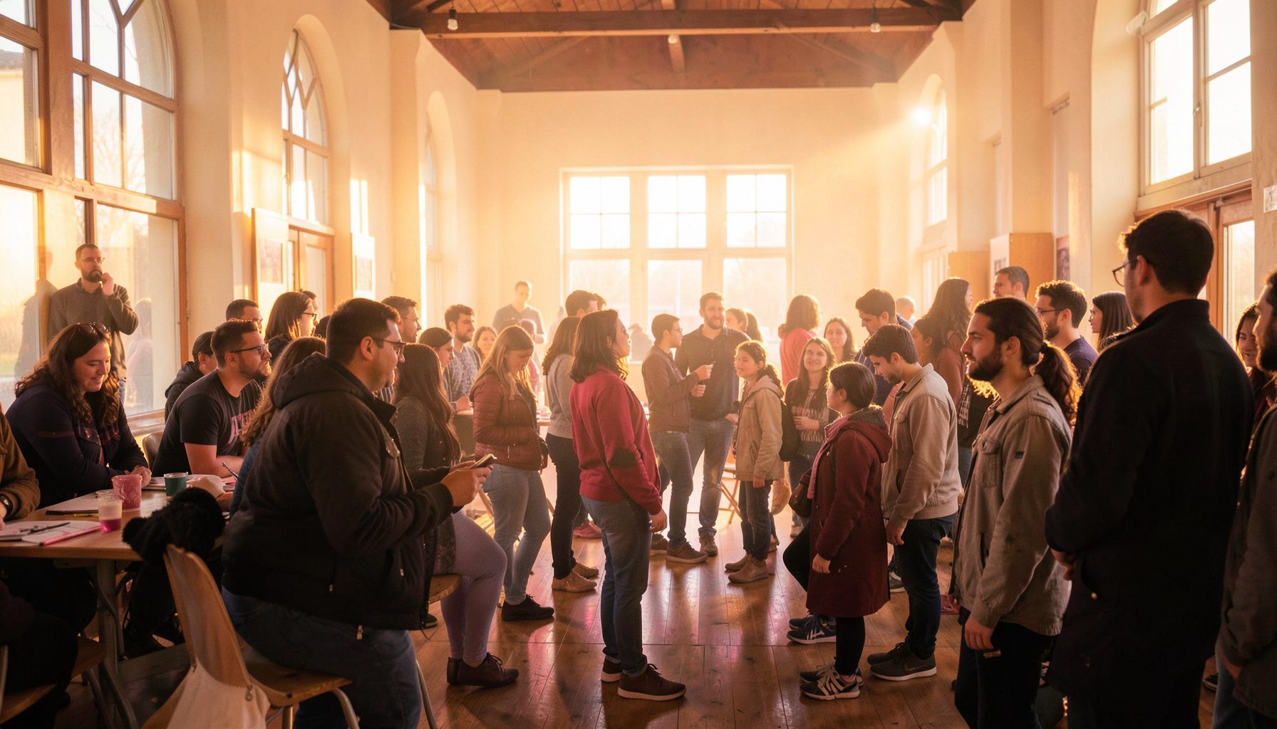 Étudiants internationaux réunis dans un hall lumineux, ambiance chaleureuse et multiculturelle, tons crème et bois sous une lumière dorée de fin d'après-midi
