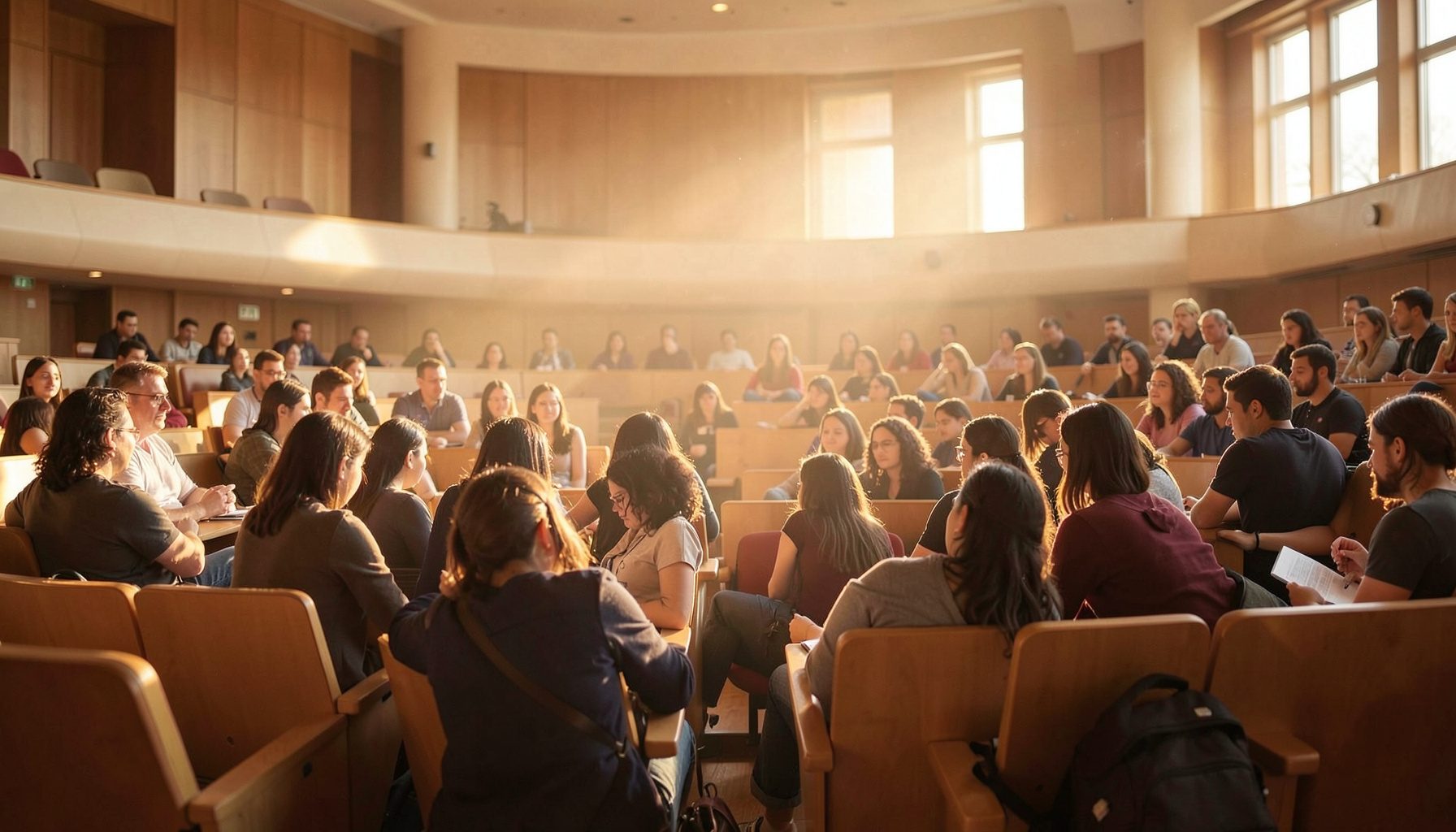 Étudiants dans un amphithéâtre moderne baigné de lumière naturelle, ambiance studieuse et chaleureuse