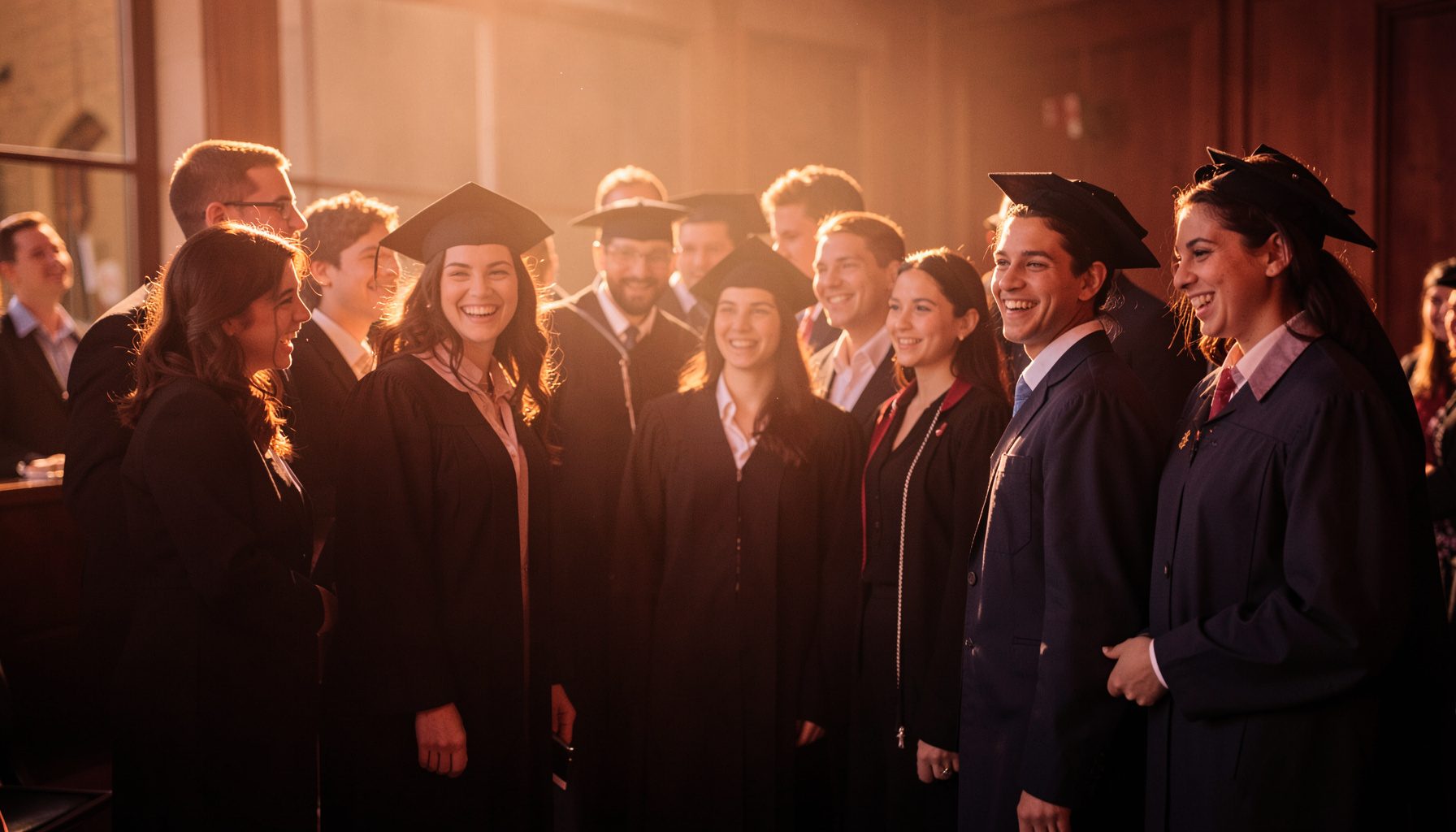 Étudiants en tenue professionnelle lors d'une cérémonie de remise de diplômes, sourires et fierté, lumière chaude de fin de journée