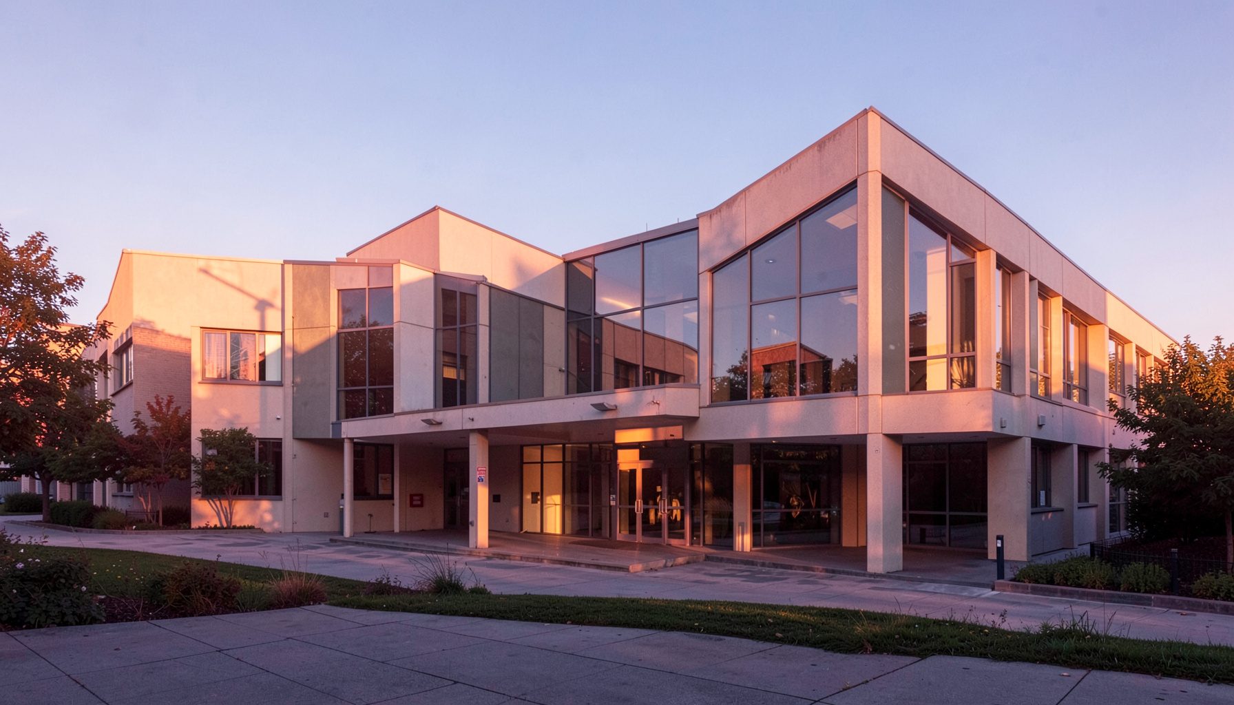 Campus universitaire baigné de lumière dorée en fin d'après-midi, façade contemporaine aux lignes épurées sous un ciel bleu doux
